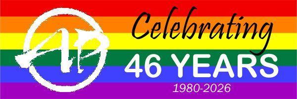 Rainbow Pride flag banner with the white AP logo: Celebrating 46 Years, 1980-2026
