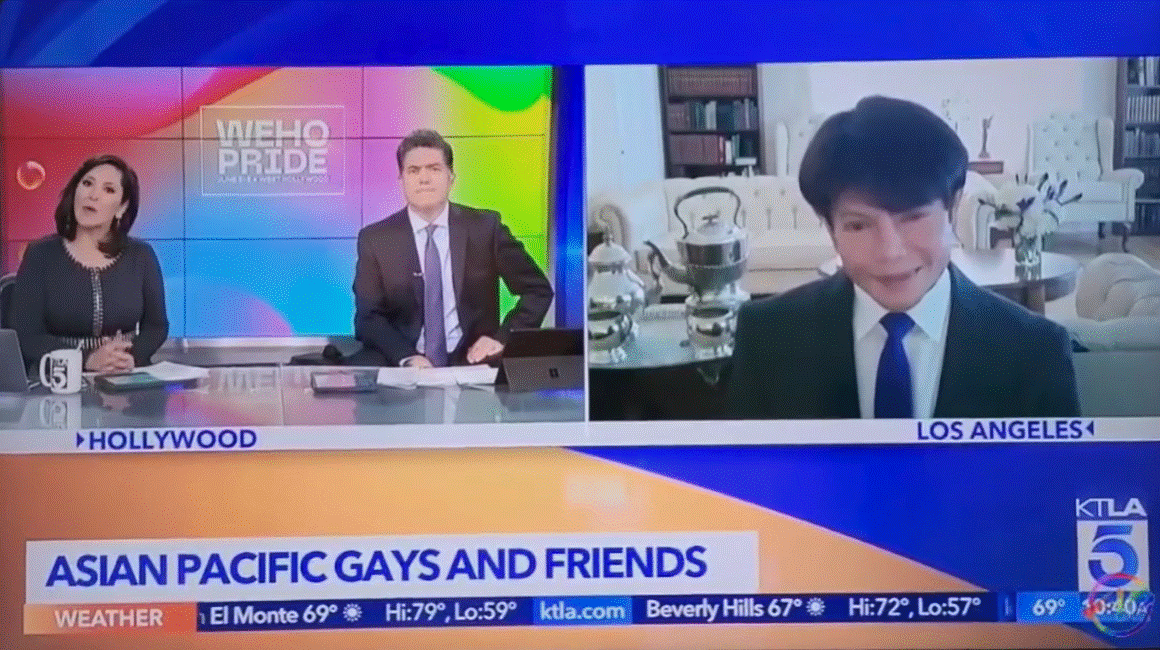 KTLA 5 WeHo Pride news segment with the caption Asian Pacific Gays and Friends, showing President Rummel Mor Bautista on a video call with the anchors