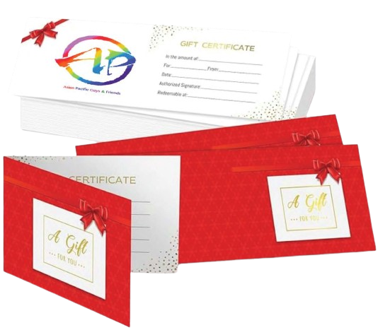 A/PGF gift certificate with the rainbow AP logo, shown with red “A Gift For You” gift cards